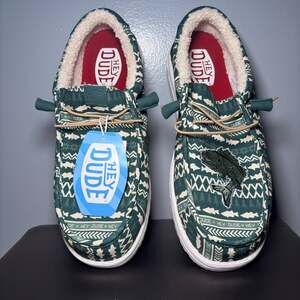 Hey Dude Men's Wally Merry Fishmas Sweater Sea Green Holiday Loafers- Size 14